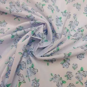 Polyester Cotton Fabric Floral De Lu Lu Rose On White Blue