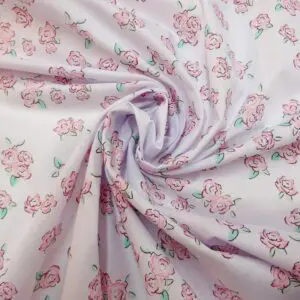 Polyester Cotton Fabric Floral De Lu Lu Rose On White Pink