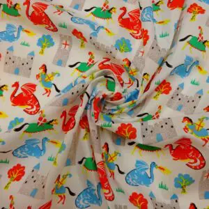 Polyester Cotton Fabric Knights & Dragons White