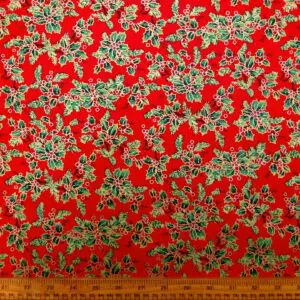Christmas Cotton Fabric Exquisite Holly Red With Gold Lacquer