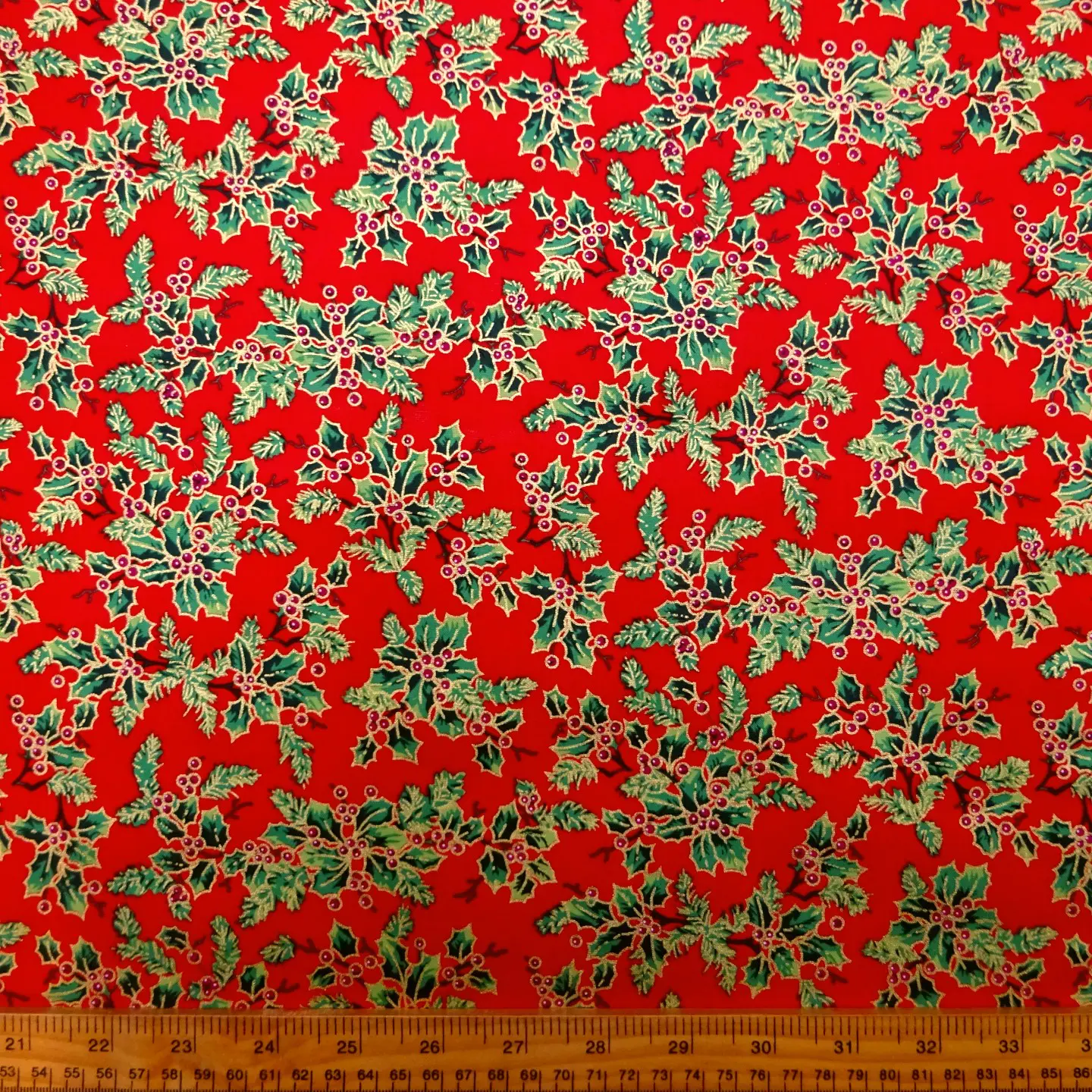 Christmas Cotton Fabric Exquisite Holly Red With Gold Lacquer