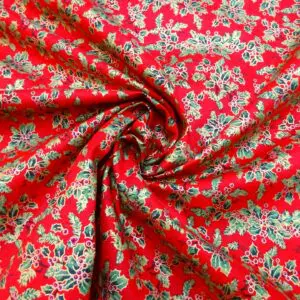 Christmas Cotton Fabric Exquisite Holly Red With Gold Lacquer