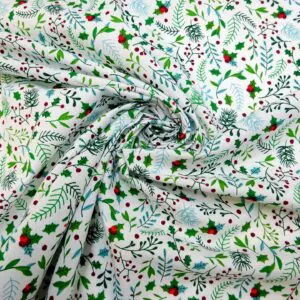 Christmas Polyester Cotton Fabric Mistletoe Medley White