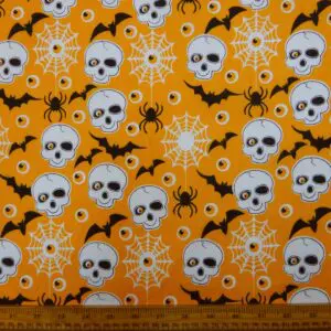 Halloween Polyester Cotton Fabric Cobwebs And Bats Orange