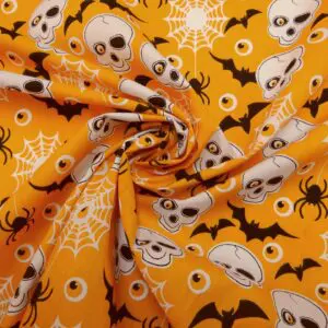 Halloween Polyester Cotton Fabric Cobwebs And Bats Orange