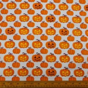 Halloween Polyester Cotton Fabric Punky Pumpkins White