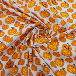 Halloween Polyester Cotton Fabric Punky Pumpkins White