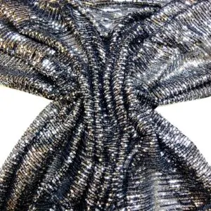 Sequin Fabric Liquorish Lines On Stretch Net Black Silver