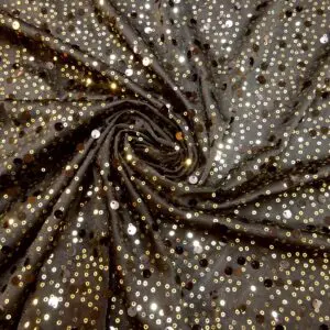 Sequin Fabric On Silky Jersey Tinkling Golden Rain Black Gold