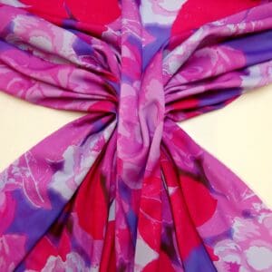 Crepe Satin Print Fabric Storm Roses Cerise Purple Blue