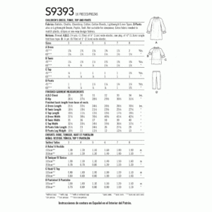 Fabric Land Simiplicity S9393 Sewing Pattern Sizing Chart