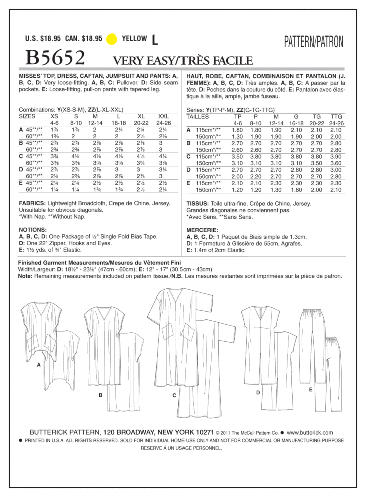 Butterick Sewing Pattern 5652 | Fabric Land