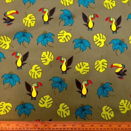 Cotton Fabric Bird Toucan Play Khaki