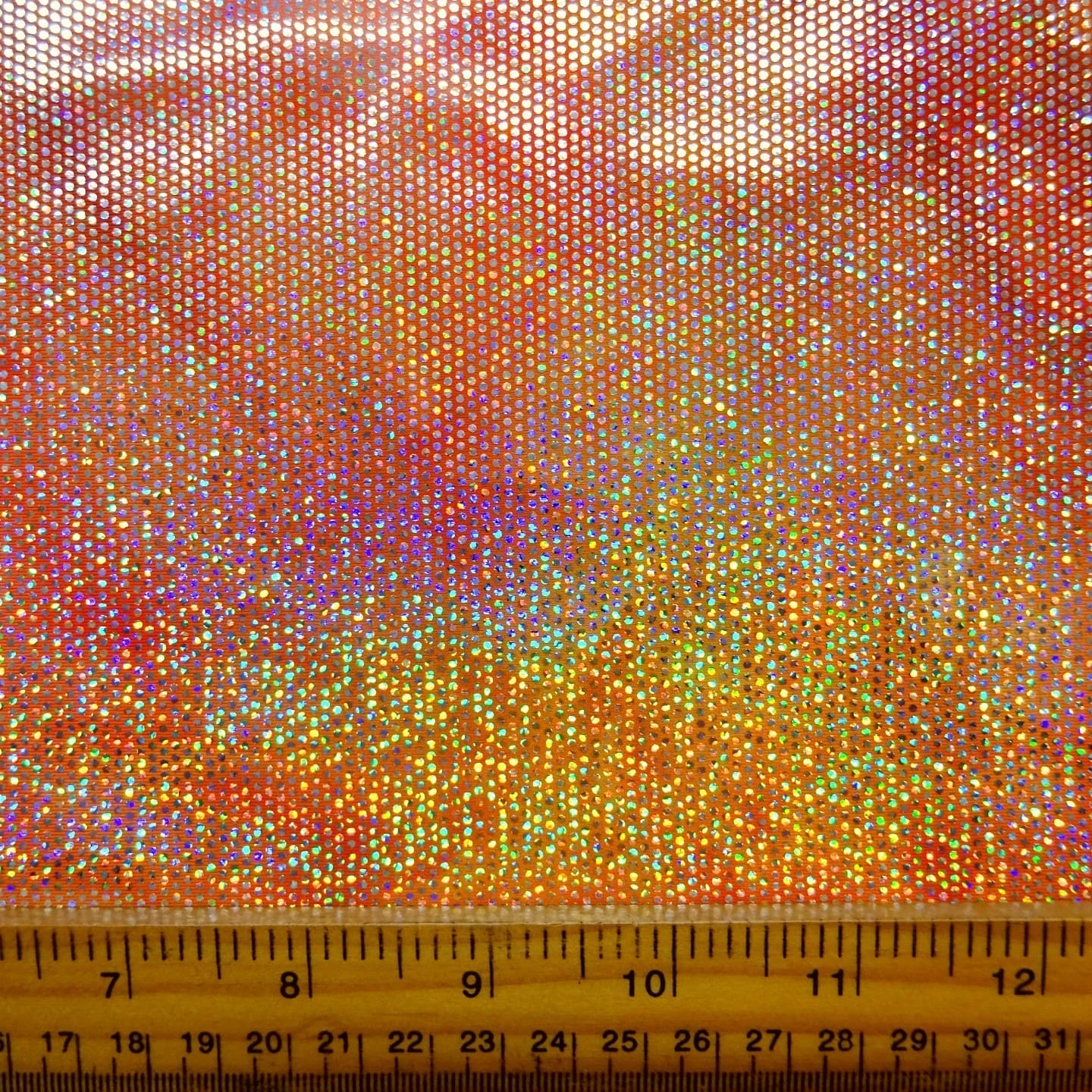 Lycra Hologram Fabric Tye Dye Ice Chip Sunset Orange Yellow