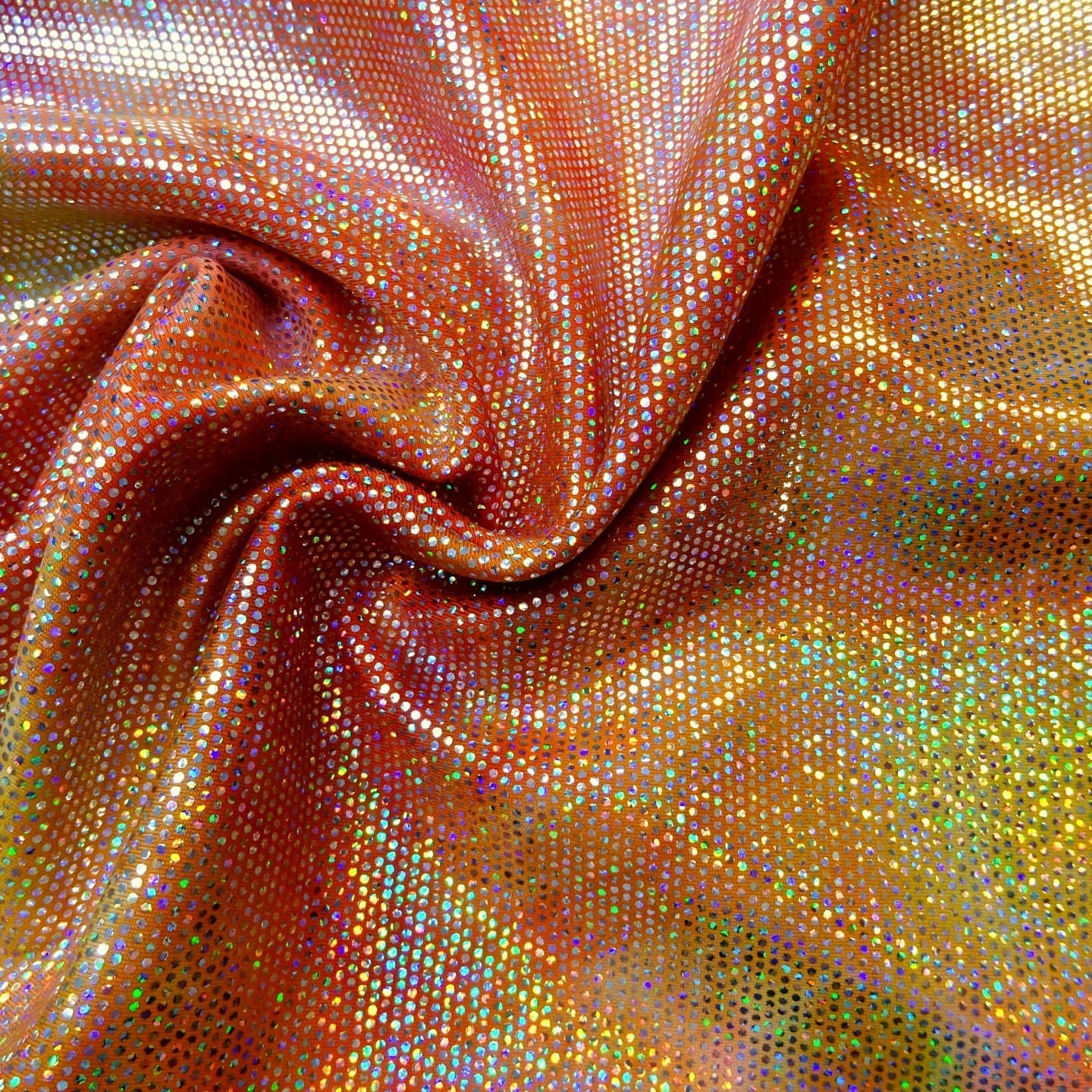Lycra Hologram Fabric Tye Dye Ice Chip Sunset Orange Yellow