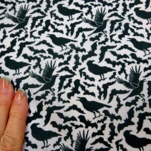 Halloween Polyester Cotton Fabric Bats and Ravens Black on White