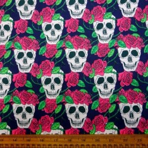 Halloween Polyester Cotton Fabric Skulls and Roses Navy/Cerise