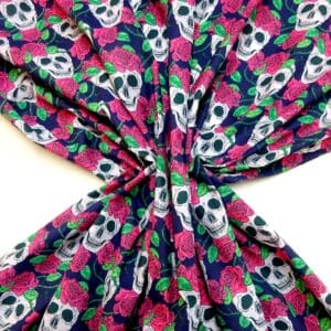 Halloween Polyester Cotton Fabric Skulls and Roses Navy/cerise