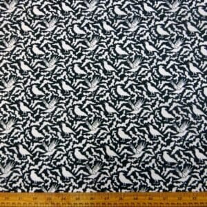 Halloween Polyester Cotton Fabric Bats and Ravens white on black