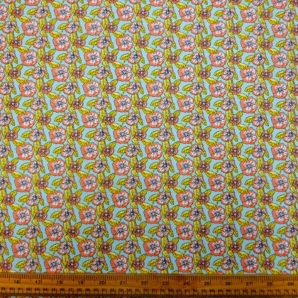 Polyester Cotton Fabric Floral Popping Petunias Turquoise Coral