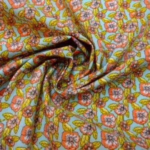 Polyester Cotton Fabric Floral Popping Petunias Turquoise Coral