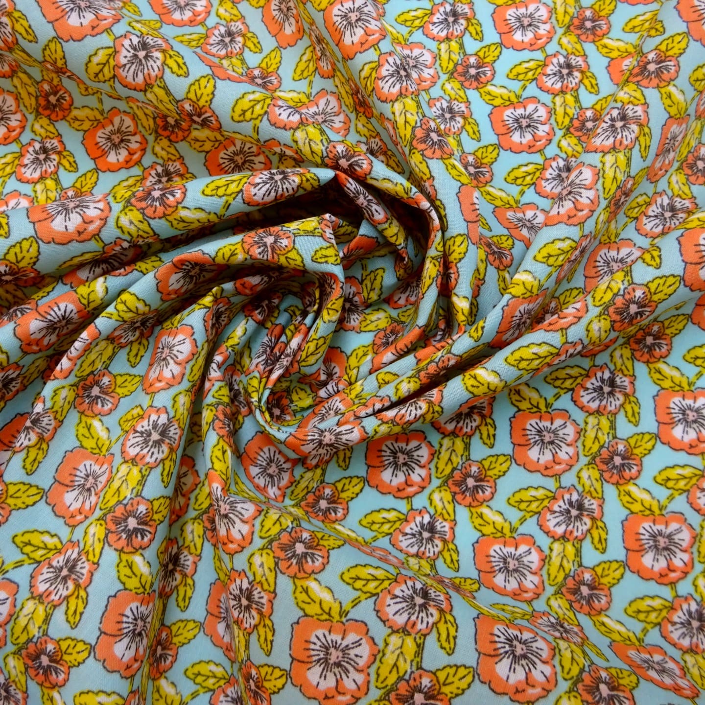 Polyester Cotton Fabric Floral Popping Petunias Turquoise Coral