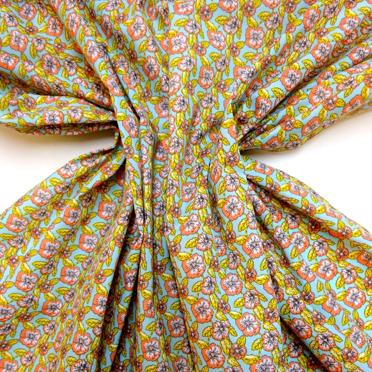 Polyester Cotton Fabric Floral Popping Petunias Turquoise Coral