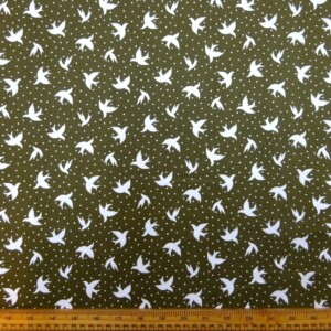 Cotton Fabric House Martins Bird Print Khaki