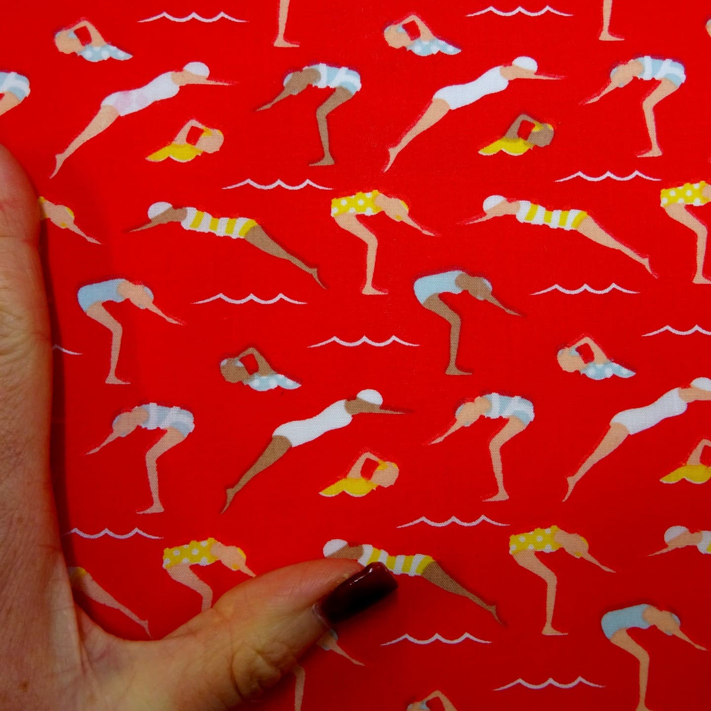Polyester Cotton Fabric The Swim Team red