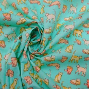 Polyester Cotton Fabric Feline Friends mint