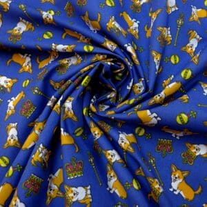 Polyester Cotton Fabric The Royal Corgi Blue