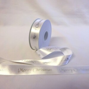 Christmas Ribbon 25mm Merry Christmas White Silver