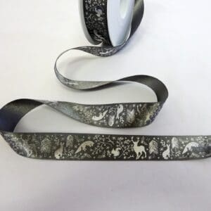 Christmas Ribbon 25mm Grey With Metallic Silver Stags
