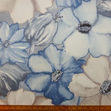 Curtain Fabric Canvas Finish Cabbage Rose Blue Ivory