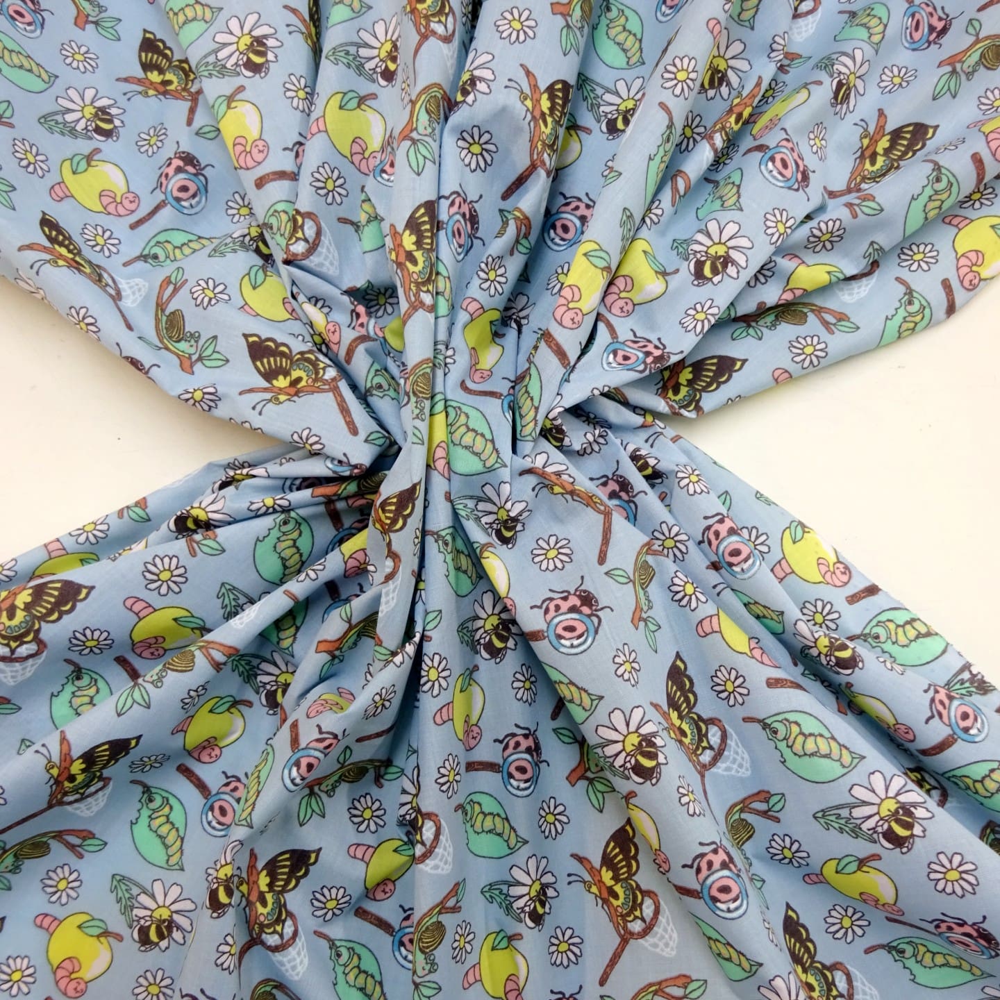 Polyester Cotton Fabric Floral Apple Butterflies Blue
