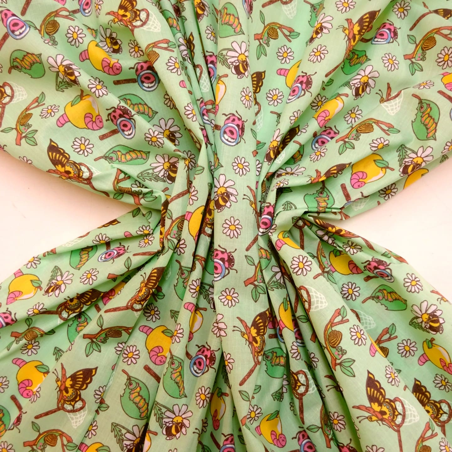 Polyester Cotton Fabric Floral Apple Butterflies Mint