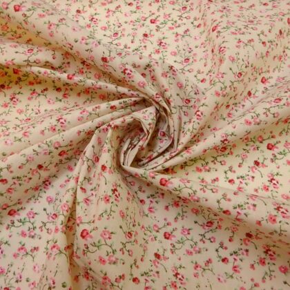 Polyester Cotton Fabric Floral Elizabeth Ivory Cerise