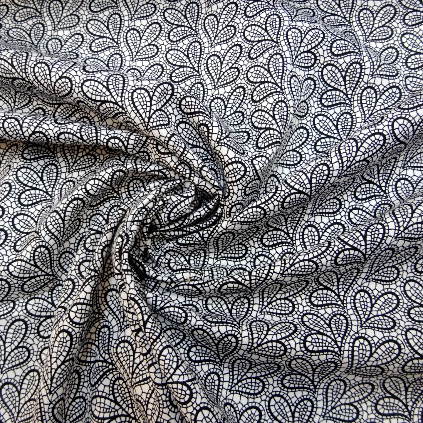 Cotton Fabric Abstract Clover Lace Black On White