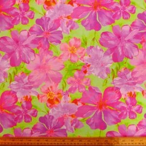T-Shirting Fabric Floral Orchid Frenzy Lime Pink