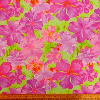T-Shirting Fabric Floral Orchid Frenzy Lime Pink
