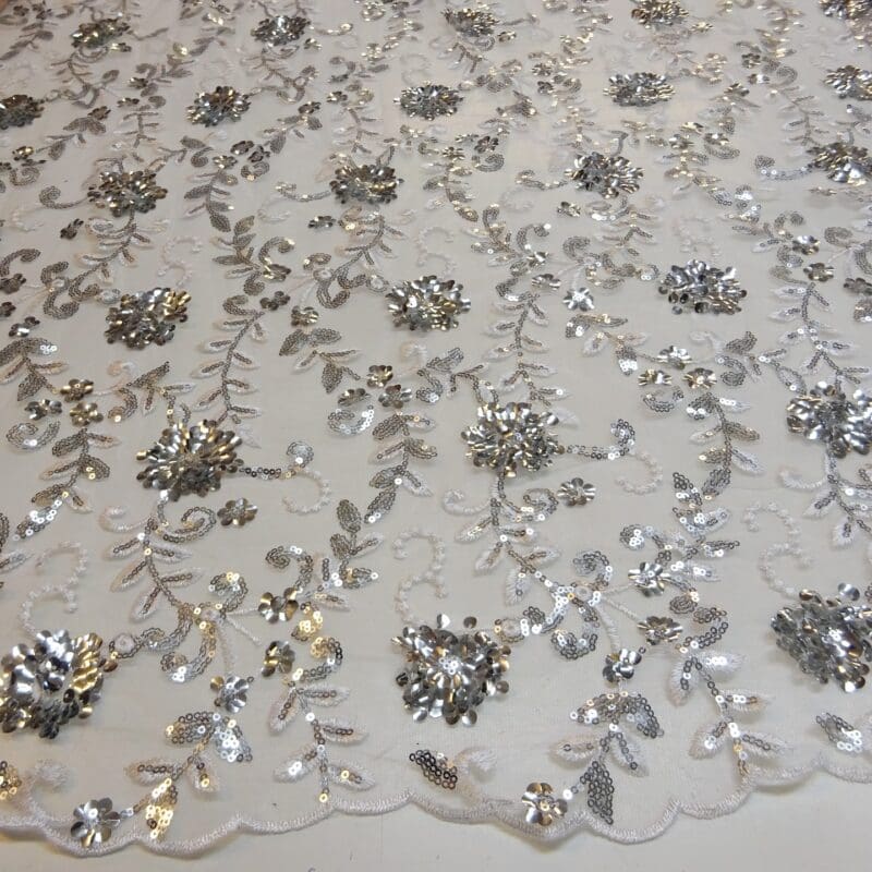 Lace Fabric Sequinned Scalloped Lace Lady Granville silver