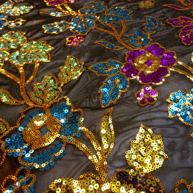 Lace Fabric Sequin On Stretch Mesh Pomegranate Lime/Turquoise