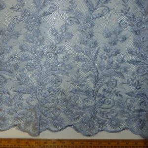 Lace Fabric With Rhinestone Sequin Double Scalloped Dusty Blue