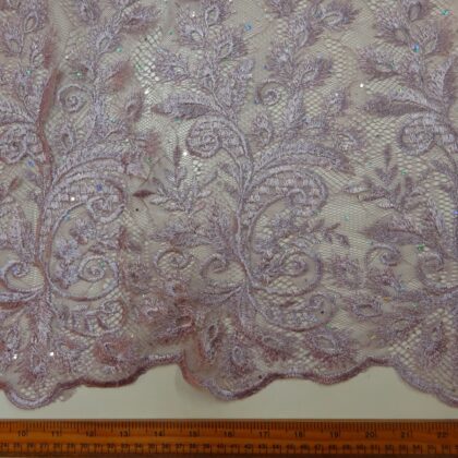 Lace Fabric Rhinestone Sequin Double Scalloped Dusty Lavender