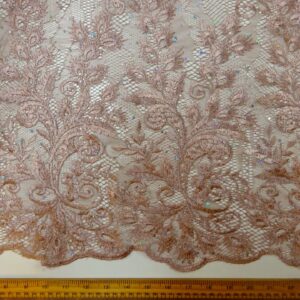 Lace Fabric With Rhinestone Sequin Double Scalloped Dusky Mink