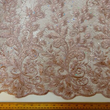Lace Fabric With Rhinestone Sequin Double Scalloped Dusky Mink
