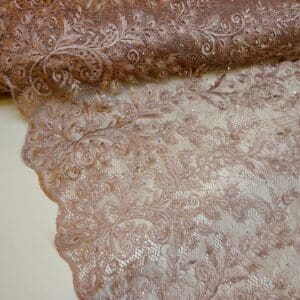 Lace Fabric With Rhinestone Sequin Double Scalloped Dusky Mink