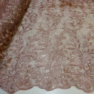 Lace Fabric With Rhinestone Sequin Double Scalloped Dusky Mink