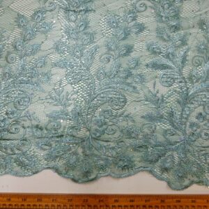 Lace Fabric With Rhinestone Sequin Double Scalloped Dusky Jade