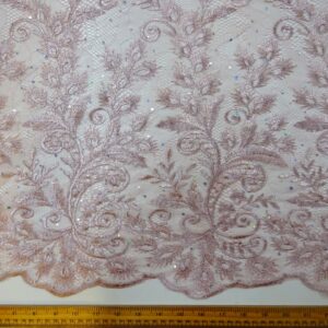 Lace Fabric With Rhinestone Sequin Double Scalloped Dusty Pink